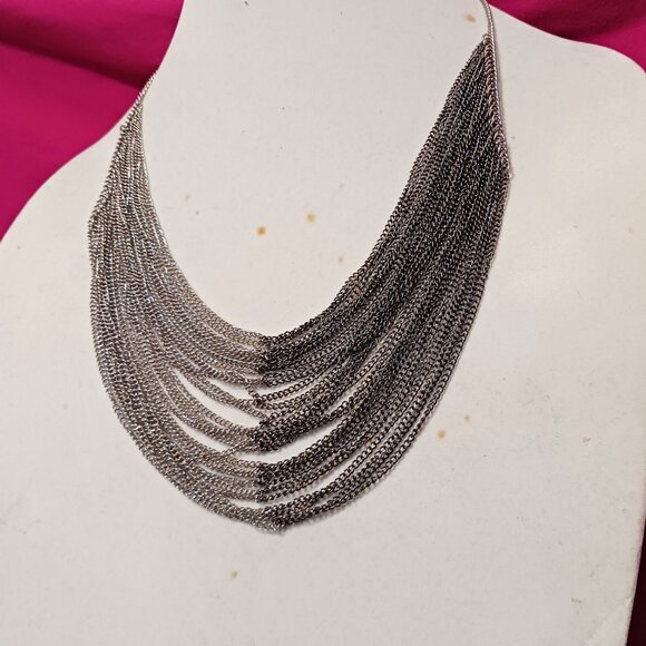 Handmade Two Tone Multi Layer Silver and Gunmetal Cascade Chain Necklace - Picture 4 of 8